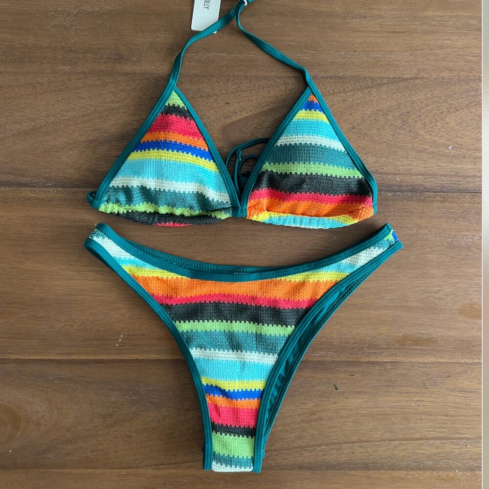 SEAMOLLY COLORBLOCK STRIPES TRIANGLE HALTER TIED CHEEKY BIKINI SET